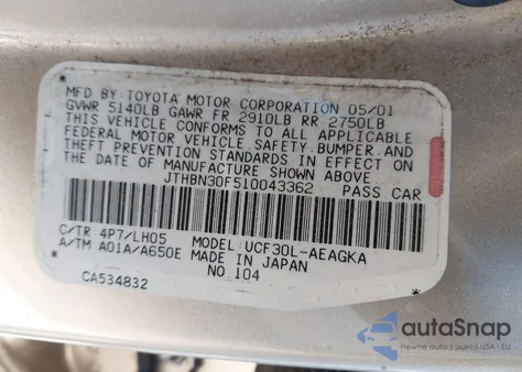 2001 Lexus Ls 430 from USA, damaged, VIN JTHBN30F510043362